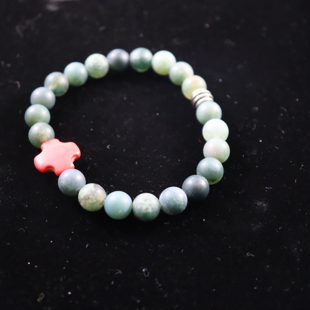 Beaded‎ Bracelet Unisex OS Green Red Cross Stone Stretch Religious Boho